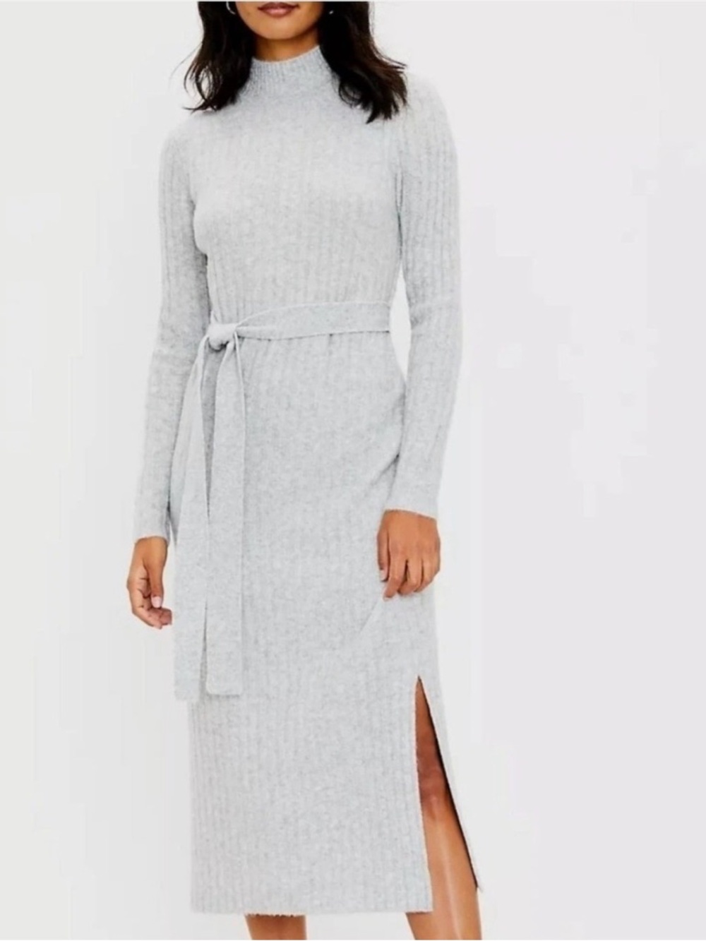 LOFT Light Gray Ribbed Tie-Waist Mock Neck Sweater Dress